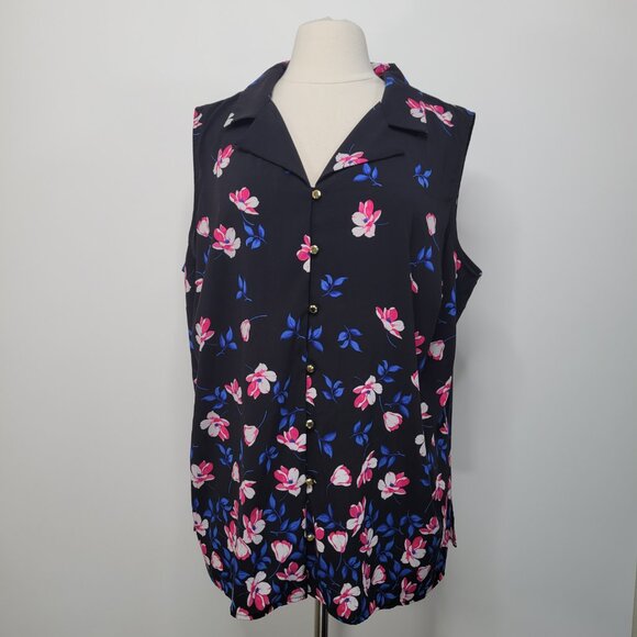 CALVIN KLEIN Black Floral Top Sz 1X Sleeveless Button Up Collar Tank Longline - Picture 3 of 10